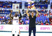 Meralco Bolts’ Allen Durham and NorthPort Batang Pier’s Christian Standhardinger display their Best Import and Best Player of the Conference plaque, respectively, in the awarding the 2019 PBA Governors’ Cup. PBA PHOTO