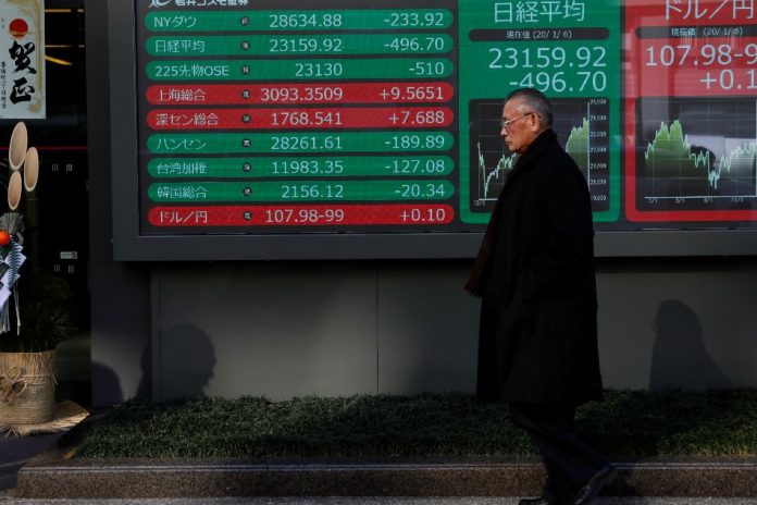 Asia shares A stock index board is displayed outside a brokerage in Tokyo, Japan. REUTERS