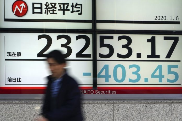 A man walks past at an electronic stock board showing Japan’s Nikkei 225 index at a securities firm in Tokyo Jan. 6, 2020 in Tokyo, marking the start of this year’s trading. AP