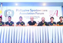 Ceres-Negros F.C. players along with their head coach appear in the first Philippine Sportswriters Association forum for 2020 at Amelie Hotel in Manila. PHILIPPINE SPORTSWRITERS ASSOCIATION