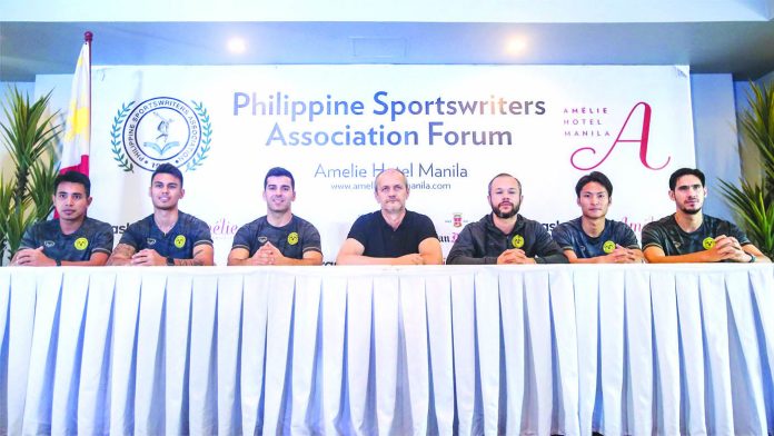 Ceres-Negros F.C. players along with their head coach appear in the first Philippine Sportswriters Association forum for 2020 at Amelie Hotel in Manila. PHILIPPINE SPORTSWRITERS ASSOCIATION