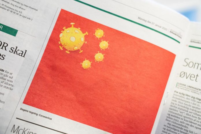 Chinese embassy wants Danish paper to apologize for coronavirus cartoon A cartoon of the coronavirus depicted as part of the Chinese national flag, is pictured in the Danish newspaper Jyllands-Posten's Monday January 27, 2020 edition, in Copenhagen, Denmark. Ritzau Scanpix/Ida Marie Odgaard via REUTERS