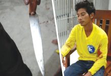 Police recovered this knife used in the stabbing (left) by suspect 26-year-old John Dela Peña of Barangay Palasyawan, Barotac Nuevo, Iloilo. BAROTAC VIEJO POLICE STATION