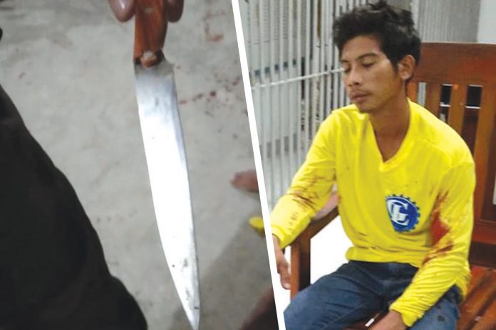 John Dela Peña Police recovered this knife used in the stabbing (left) by suspect 26-year-old John Dela Peña of Barangay Palasyawan, Barotac Nuevo, Iloilo. BAROTAC VIEJO POLICE STATION