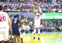 Justin Brownlee scores 38 points along with 16 rebounds to lead Barangay Ginebra San Miguel in Game 1 of the 2019 PBA Governors Cup Finals. Game 2 takes place tomorrow at the Quezon City Convention Center. PBA PHOTO