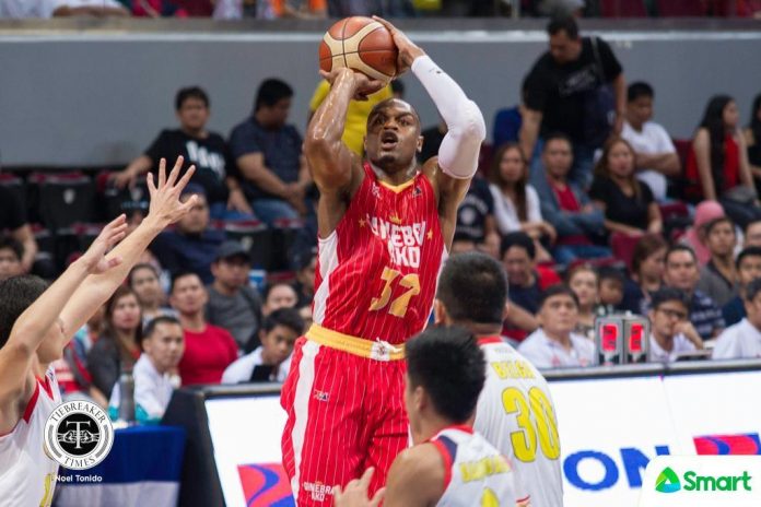 Justin Brownlee of Barangay Ginebra San Miguel Kings has 57.2 Statistical Points after collecting 29.0 points, 13.6 rebounds, 7.2 assists, 2.0 steals and 1.4 blocks averages. TIEBREAKER TIMES PHOTO