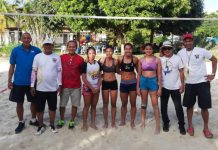 Olga Montilla and Honey Grace Cordero of Team Silay B (third and fourth from left) are champions in the NVF Beach Volleyball For a Cause women’s category. They defeated Bernadeth Pons and Nikka Medina of Team Pons (third and fourth from right). PHOTO COURTESY OF BORGE PORCEL