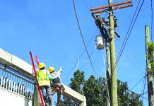 Power in ‘Ursula-hit’ Aklan, Antique ‘almost restored’ Linemen of Task Force Kapatid Ursula fix electric poles to restore electricity in the affected areas of Aklan and Antique. AKELCO PHOTO
