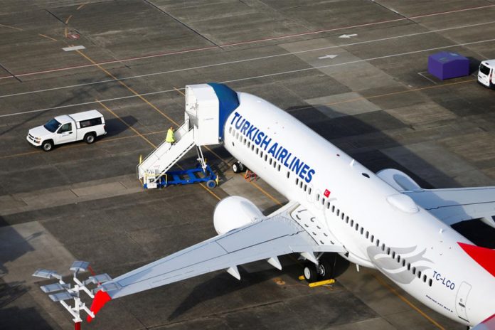 Turkish Airlines Boeing 737 MAX airplane An aerial photo shows a worker climbing up to a Turkish Airlines Boeing 737 MAX airplane grounded at Boeing Field in Seattle, Washington, United States. REUTERS
