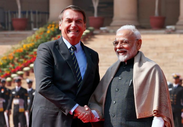 world India Brazil’s President Jair Bolsonaro (left) shakes hands with India’s Prime Minister Narendra Modi during his ceremonial reception at the forecourt of India’s Rashtrapati Bhavan Presidential Palace in New Delhi, India on Jan. 25. REUTERS/ALTAF HUSSAIN