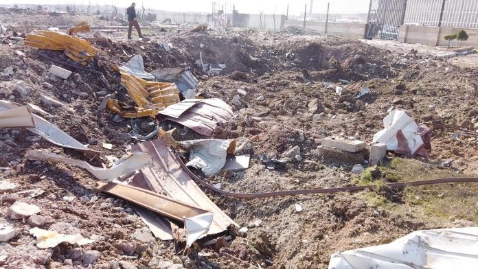 General view of the debris of the Ukraine International Airlines, flight PS752, Boeing 737-800 plane that crashed after takeoff from Imam Khomeini airport, on the outskirts of Tehran, Iran on Jan. 8, is seen in this screen grab obtained from a social media video. VIA REUTERS