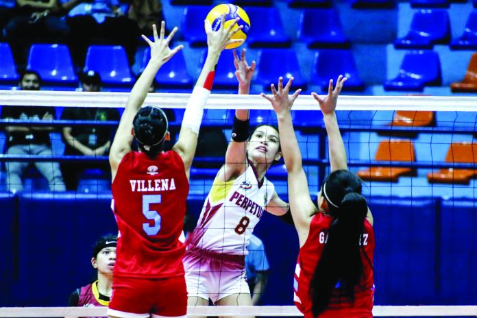 Jhona Rosal (No.8) delivers 17 points built on 15 attacks and two aces to help University of Perpetual Help System Lady Altas survive Emilio Aguinaldo College at the San Juan Arena on Feb. 10. TIEBREAKER TIMES