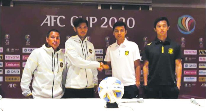 (From left) Kaya-Iloilo head coach Oliver Colina and Marwin Angeles attend a press conference along with Tampines Rover’s player Irwan Sha and head coach Gavin Lee. CONTRIBUTED PHOTO