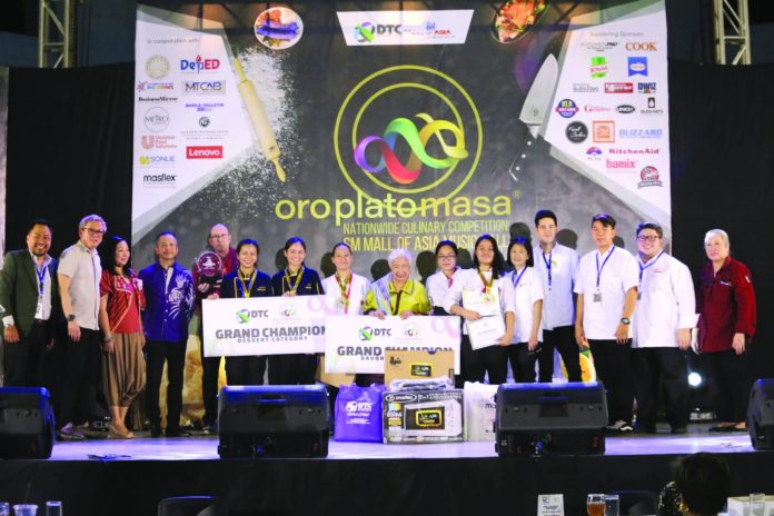 Oro, Plato Masa Culinary Competition at SM MOA MIRIAM COLLEGE AND LYCEUM OF THE PHILIPPINES MANILA WIN ORO, PLATO MASA CULINARY COMPETITION GRAND PRIZES FOR DESSERT AND SAVORY CATEGORIES.Franz Ansherina Maniti and Andrea Isabel Ereno of Miriam College , Lyza Andrea Cagalpin and Ma. Cheres Delos Santos of Lyceum of the Philippines Manila received the Grand Champion Prizes from DepEd secretary Hon. Leonor Magtolis Briones at the Oro, Plato Masa Nationwide Culinary Competition at SM MOA Music Hall on Feb. 22, 2020. Joining the DepEd secretary were (from left) ALC Media Group vice president Marvin Estigoy, Lenovo country manager Mike Ngan, DOT assistant secretary Verna Esmeralda Buensuceso, DTC chairman & CEO Ed Dames, Coach Gavin Russell, Jahziel Jeanne Leuterio, chefs Ellen Rivera, Jose Sarasola, Greggie Mercado, J Brando Santos and DTC president Marissa Dames. ORO, PLATO, MASA is a project of DTC Promos Inc.
