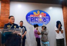2-day antidrug sting nets P7.4-M ‘shabu’ Police Brigadier General Rene Pamuspusan (extreme left), regional police director, presents the three drug suspects arrested in two successive operations in Pavia, Iloilo and Arevalo, Iloilo City on Feb. 2 and 3 resulting to the recovery of P7.4-milllion worth of shabu. The suspects are Lalaine Ereño, Jennifer Nosotros and John Rey Nosotros. Also in photo is Iloilo Police Provincial Office director, Police Colonel Roland Vilela. IAN PAUL CORDERO/PN