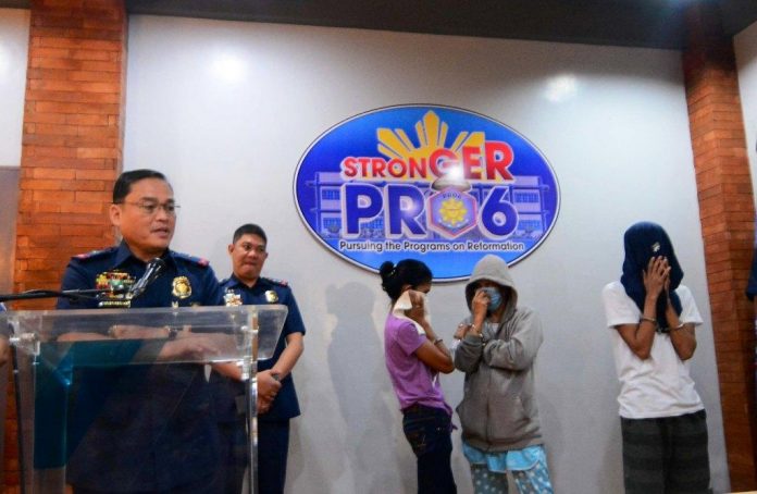 Police Brigadier General Rene Pamuspusan Police Brigadier General Rene Pamuspusan (extreme left), regional police director, presents the three drug suspects arrested in two successive operations in Pavia, Iloilo and Arevalo, Iloilo City on Feb. 2 and 3 resulting to the recovery of P7.4-milllion worth of shabu. The suspects are Lalaine Ereño, Jennifer Nosotros and John Rey Nosotros. Also in photo is Iloilo Police Provincial Office director, Police Colonel Roland Vilela. IAN PAUL CORDERO/PN