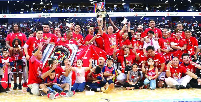 San Miguel Corporation sports director Alfrancis Chua San Miguel Corporation sports director Alfrancis Chua (raising both arms) celebrates the championship of the Barangay Ginebra Kings durin the 2019 Philippine Basketball Association Governors’ Cup Finals. PBA