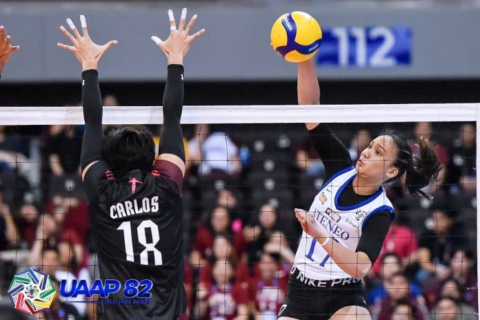 Ateneo de Manila University Lady Eagles’ Faith Nisperos Ateneo de Manila University Lady Eagles’ Faith Nisperos scores against University of the Philippines Lady Maroons’ Diana Carlos. UAAP PHOTO