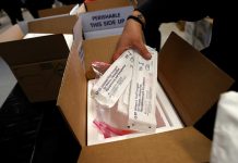 Boxes of coronavirus testing kits for use by medical field personnel at a New York State emergency operations incident command center during the Coronavirus outbreak in New Rochelle, New York, U.S., Mar. 17, 2020. REUTERS