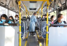 Bus lines to provide free rides for frontliners A health personnel is checking the passengers onboard the free shuttle bus provided by the Office of the Vice President. OVP PHOTO