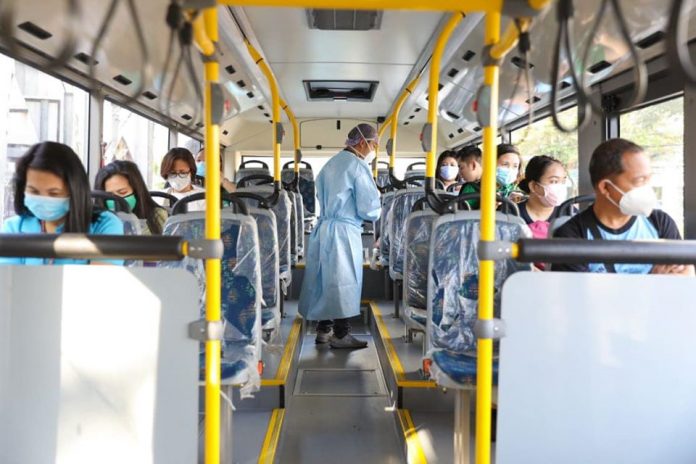 Bus lines to provide free rides for frontliners A health personnel is checking the passengers onboard the free shuttle bus provided by the Office of the Vice President. OVP PHOTO