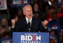 Democratic presidential candidate Joe Biden celebrates his victory in the South Carolina primary. GETTY IMAGES/AFP