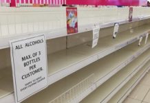 DTI-NegOcc OKs stores’ limit of alcohol purchase Display shelves for rubbing alcohol in a supermarket in Bacolod City on March 13 were empty, despite limiting purchases of it to three bottles only per customer. PNA