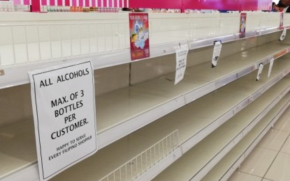 Display shelves for rubbing alcohol in a supermarket in Bacolod City Display shelves for rubbing alcohol in a supermarket in Bacolod City on March 13 were empty, despite limiting purchases of it to three bottles only per customer. PNA