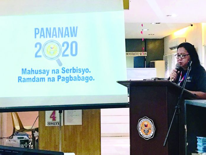 Eralen De Aro PANANAW 2020. During the local revenuers’ flag-raising ceremonies on March 2 in Roxas City, Eralen De Aro who heads the Bureau of Internal Revenue - Revenue District Office No. 72explains this year’s tax campaign “Pananaw 2020” logo and its theme. PIA CAPIZ PHOTO