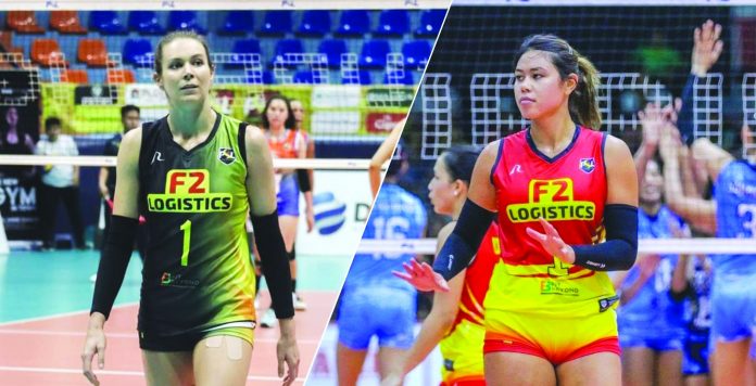 F2 Logistics’ Lindsay Stalzer and Filipina-Hawaiian Kalei Mau F2 Logistics’ Lindsay Stalzer and Filipina-Hawaiian Kalei Mau serve as the spotlights of the team’s victory against PLDT Home Fibr Power Hitters during their 2020 Philippine Super Liga Grand Prix showdown on March 2. FOX SPORTS PHILIPPINES