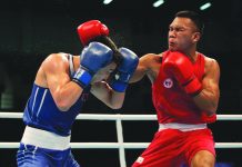 Filipino boxer Eumir Felix Marcial lands a punch on the back of the head of Mongolia’s Otgonbaatar Byamba-Erdene. It caused the former a point deduction from the referee. JORDAN OLYMPIC COMMITTEE