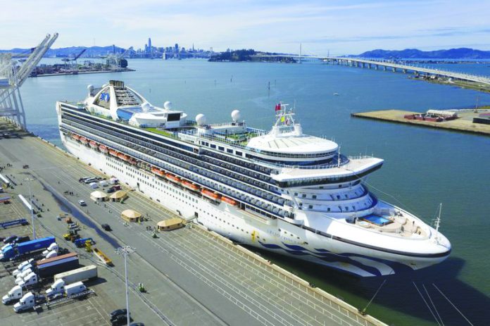 Grand Princess at the Port of Oakland Tents stand on a wharf near the Grand Princess at the Port of Oakland in Oakland, Calif., Monday, March 9, 2020. APTents stand on a wharf near the Grand Princess at the Port of Oakland in Oakland, Calif., Monday, March 9, 2020. AP