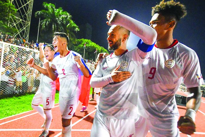 Players of the Philippine Azkals-U23 team celebrate with the crowd after a historical victory versus Malaysia U-23 in the 2019 Southeast Asian Games, which was hosted by the country. ABS-CBN NEWS