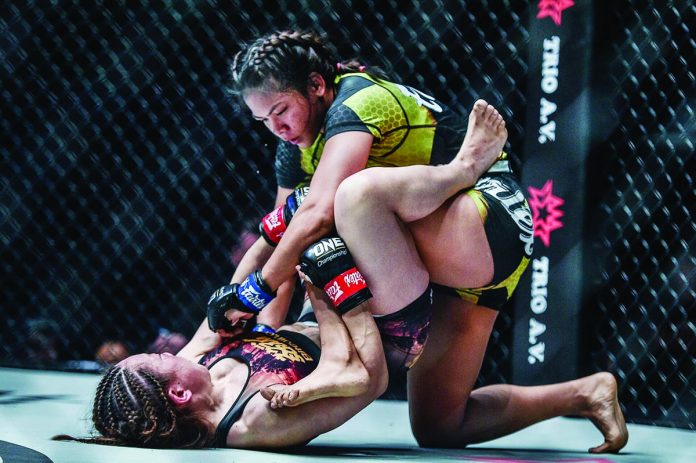 Filipina mixed martial arts fighter Denice Zamboanga performs a submission on Japanese Mei Yamaguchi. ONE FC