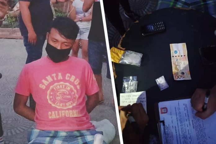 Drug suspect Antonio Cerujano Jr. sits handcuffed while antidrug officers inspect items seized from him in an entrapment operation in Barangay Barra Roxas City on April 13. GLENN BEUP/PN