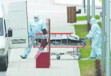 Russia’s coronavirus cases surge past 52,000 Medical specialists wearing protective gear push a stretcher towards an ambulance while relocating a non-transparent bag outside a hospital for patients infected with the coronavirus disease on the outskirts of Moscow, Russia April 20, 2020. REUTERS