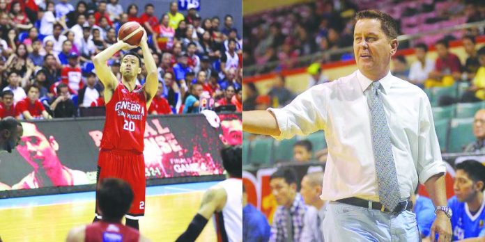 Tim Cone, Greg Slaughter Barangay Ginebra San Miguel Kings head coach Tim Cone (right) of the Philippine Basketball Association hopes that a long break will give Greg Slaughter enough time (left) to make a final decision about his basketball future. Slaughter decided to take a pause from the professional league following the end of his contract with the team earlier this year. GMA NETWORK