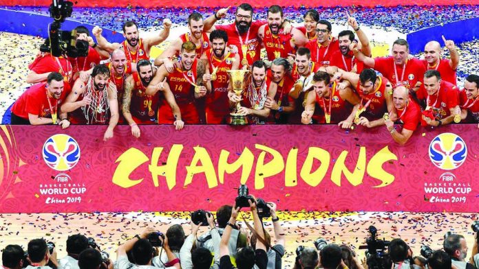 Players of the Spain men’s national basketball team celebrate their FIBA Basketball World Cup 2019 trophy