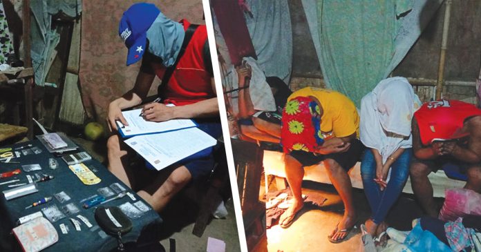 An antidrug officer inspects items confiscated from Marlon Tanilon, Lucil Antolo, Prince Legaspi, and John Patrick Arca, who were nabbed in an entrapment operation in Barangay Tangub, Bacolod City