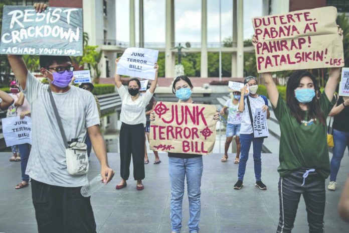 Protesters in Quezon City, Manila, denounced the antiterrorism bill on Wednesday