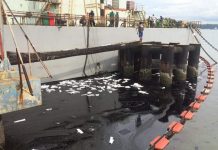 Barge explosion triggers oil spill BARGE BLAST AND OIL SPILL. An explosion at a power barge in the waters off Barangay Bo. Obrero in Lapuz, Iloilo City yesterday afternoon (July 3, 2020) resulted to an oil spill that the Philippine Coast Guard rushed to contain with the help of the Bureau of Fire Protection. Initial estimate of the volume of bunker fuel that spilled into the water was around 48,000 liters covering an area of some 1,200 square meters. IAN PAUL CORDERO/PN