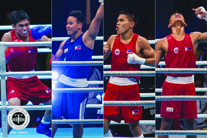 Filipino amateur boxers Ian Clark Bautista, Nesthy Petecio, Carlo Paalam, and Rogen Ladon