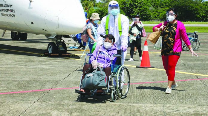 Repatriated locally stranded individuals arrive at the Antique Airport on July 15 via a Philippine Airlines (PAL) flight. Repatriated locally stranded individuals arrive at the Antique Airport on July 15 via a Philippine Airlines (PAL) flight. PAL operations in the province are rolling again after the Department of the Interior and Local Government issued an advisory lifting the travel ban on locally stranded individuals effective Wednesday. PROVINCE OF ANTIQUE