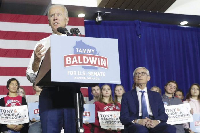 In this Oct. 30, 2018 file photo, former Democratic Vice President Joe Biden speaks during a rally with Wisconsin Democrats in Madison Wiscousin, United States. In this Oct. 30, 2018 file photo, former Democratic Vice President Joe Biden speaks during a rally with Wisconsin Democrats in Madison Wiscousin, United States. AP