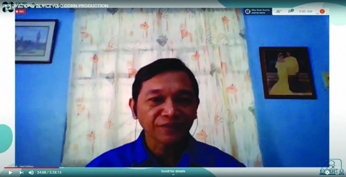 PCAARRD’s Supervising Science Research Specialist Mr. Noel A. Catibog presents to the audience the PCAARRD-developed technologies during the webinar entitled Innovations in Rice and Corn Production.