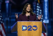 Democratic vice presidential candidate Sen. Kamala Harris, D-Calif., speaks during the third day of the Democratic National Convention, Wednesday, Aug. 19, 2020, at the Chase Center in Wilmington, Delware, United States. AP PHOTO/CAROLYN KASTER