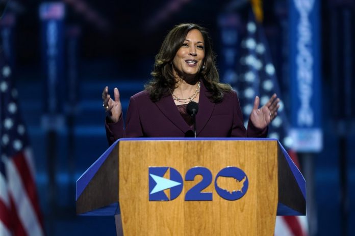 Democratic vice presidential candidate Sen. Kamala Harris, D-Calif., speaks during the third day of the Democratic National Convention Democratic vice presidential candidate Sen. Kamala Harris, D-Calif., speaks during the third day of the Democratic National Convention, Wednesday, Aug. 19, 2020, at the Chase Center in Wilmington, Delware, United States. AP PHOTO/CAROLYN KASTER