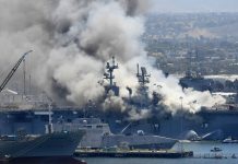 Arson suspected cause of US Navy ship fire In this July 12, 2020, file photo, smoke rises from the USS Bonhomme Richard at Naval Base San Diego in San Diego, after an explosion and fire on board the ship at Naval Base San Diego. AP