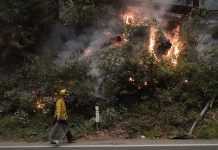 Changing weather prompts more fire fears in California A firefighter walks along Highway 9 while monitoring flames from the CZU August Lightning Complex Fire on Aug. 22, 2020 in Boulder Creek, California, United States. AP