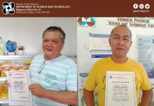 Boboy’s Delicacies owner, Mr. Teodoro Ganancial Jr. (left) and Mr. Cipriano Arellano, owner of Cheran Bakery, both receive the Certificate of Transfer of Ownership from DOST VI through its Guimaras Provincial S&T Center. Both DOST VI client-MSMEs completed the refund of the financial assistance under DOST’s SETUP iFUND. GUIMARAS PSTC
